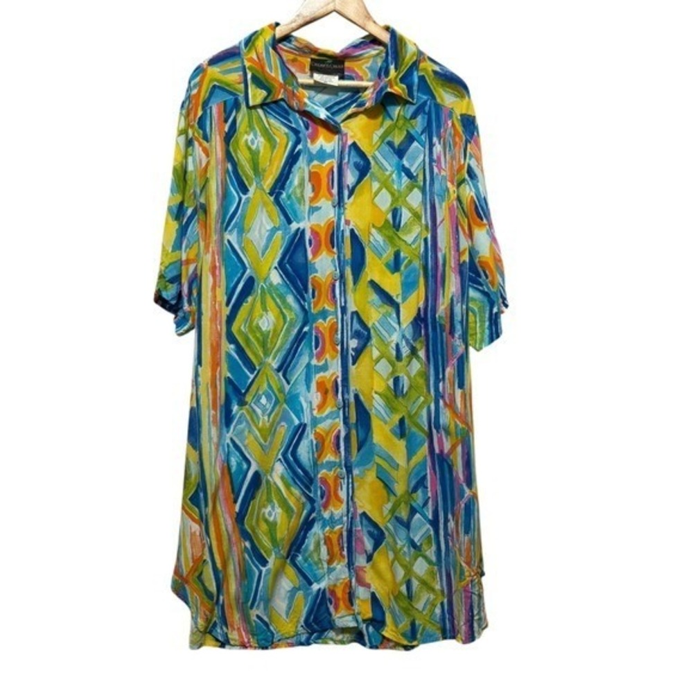Cherry Creek Womens 2X Rayon Button Tunic Dress‎ Multicolor Geometric Artsy